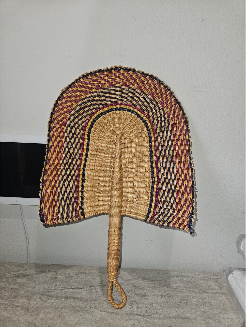 Handwoven Traditional African Fan with Natural and Burgundy Stripes